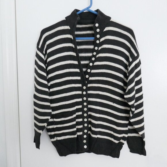 vintage 80s charcoal gray white stripe mock neck drop shoulder cardigan sweater - Picture 4 of 5